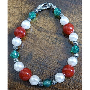 Handcrafted Red Bead Faux Pearl Bracelet Womens Fashion Jewelry